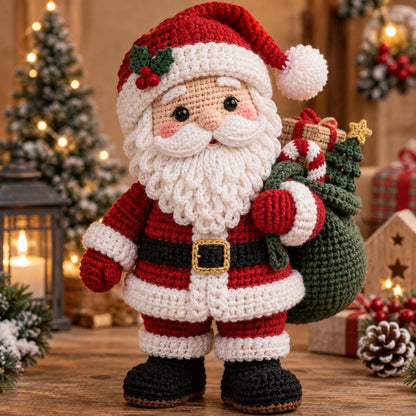 Front view of the crochet Santa in a red suit with a curly cream beard black boots and a green gift sack