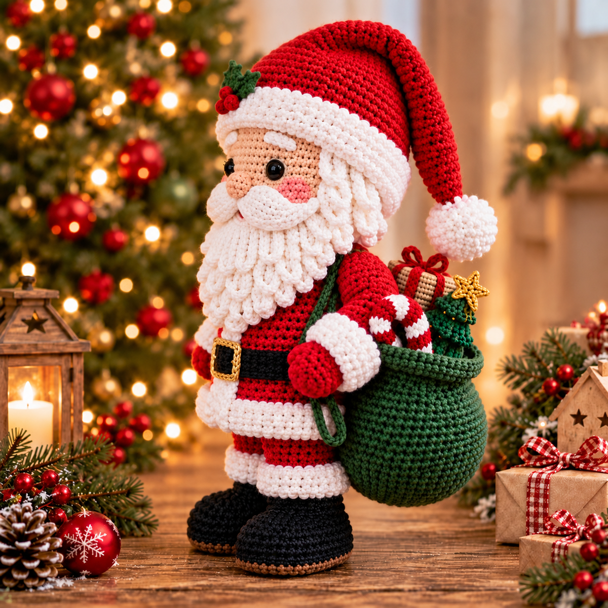 Side view of the crochet Santa showing the floppy holly hat curly beard and green gift sack