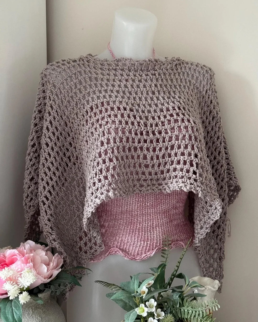 Selenya shawl poncho draped over the shoulders
