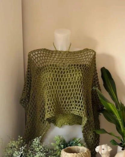 Model wearing the lightweight Selenya crochet poncho
