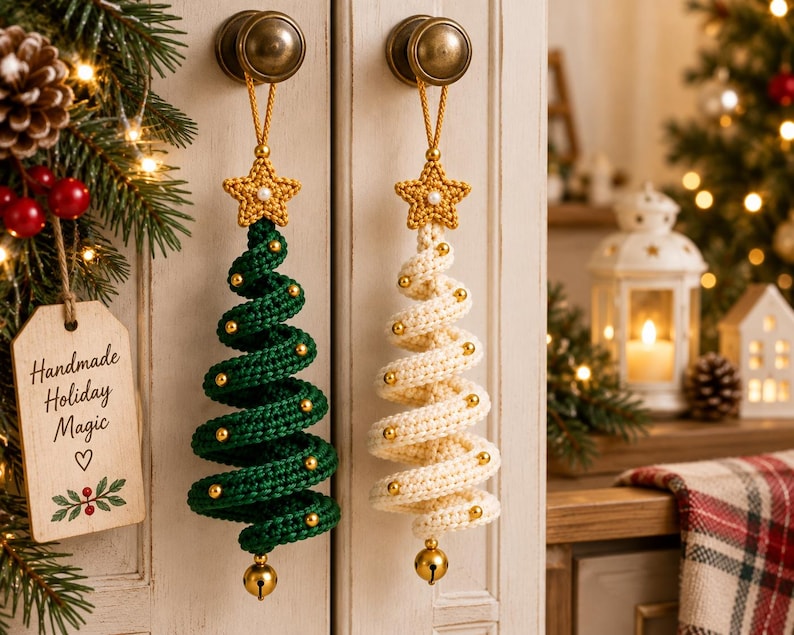 Forest green and ivory spiral Christmas tree ornaments hanging from cabinet knobs