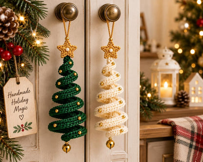 Forest green and ivory spiral Christmas tree ornaments hanging from cabinet knobs