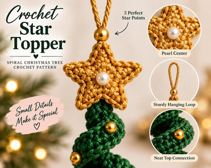 Close-up of the crocheted gold star, pearl center and hanging loop