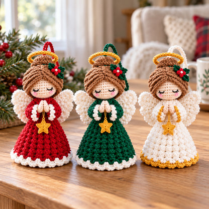 AI-generated inspiration: red, green and ivory crochet angel ornaments with gold halos and star charms on an oak table