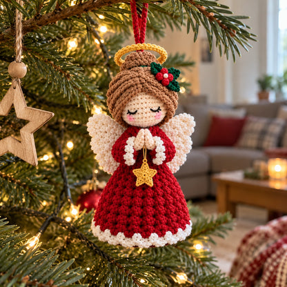 AI-generated inspiration: a red crochet angel hanging from a Christmas tree