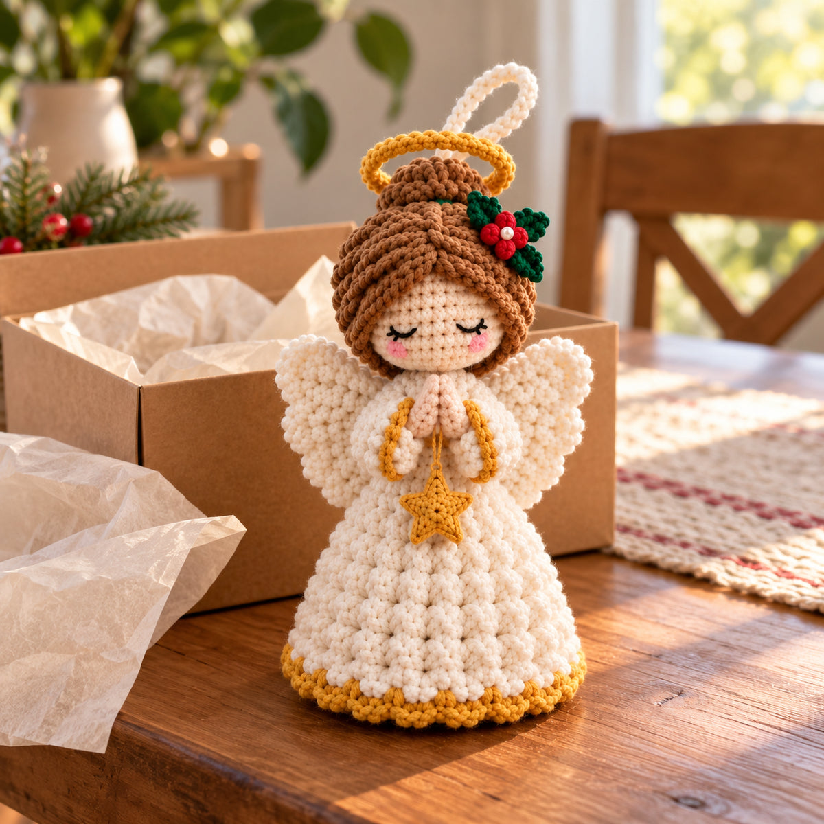 AI-generated inspiration: an ivory and gold crochet angel beside a blank gift box