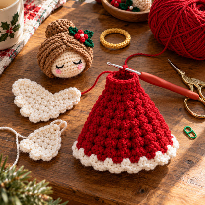 AI-generated crochet progress illustration: red angel dress, separate head and wings, and working yarn
