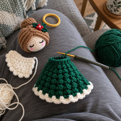 AI-generated crochet progress illustration: unfinished green angel gown on a maker's lap with hook and yarn
