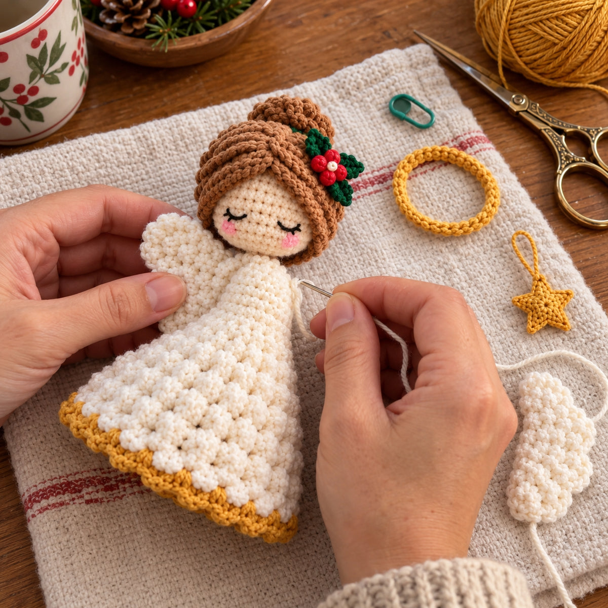 AI-generated crochet assembly illustration: hands sewing an ivory angel wing with halo and star waiting to be attached