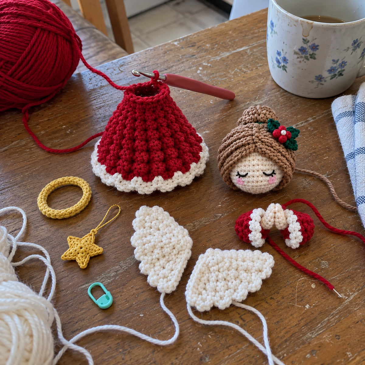 AI-generated casual crochet inspiration: an unfinished red angel with separate wings, head and star on an everyday kitchen table