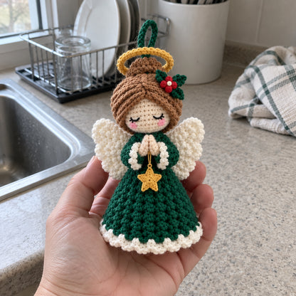 AI-generated casual product inspiration: a green crochet angel held in an adult hand beside a kitchen window