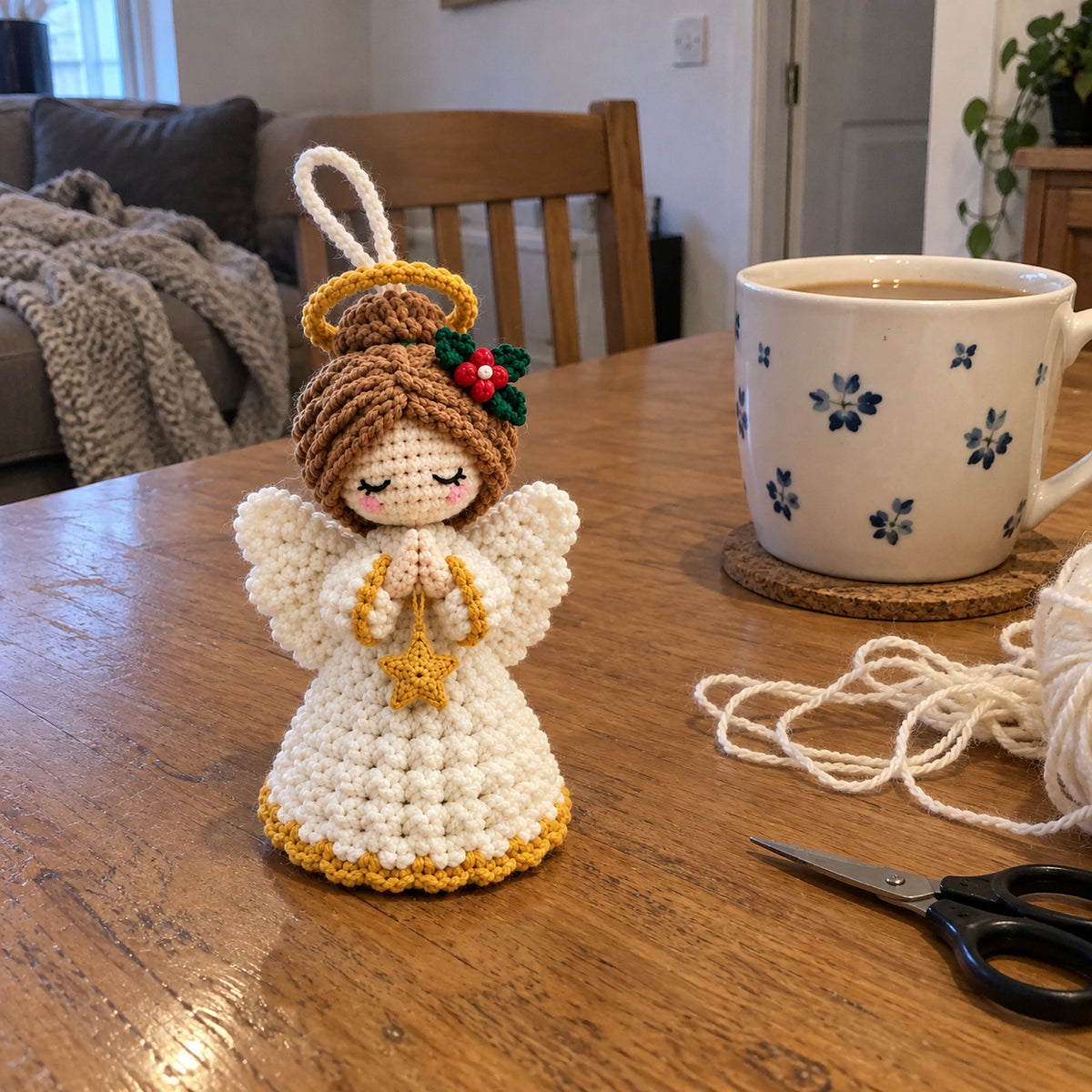 AI-generated casual product inspiration: an ivory and gold crochet angel on a dining table beside a mug and yarn